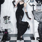 Kobine Women's Gothic Halterneck Flocking Mesh Fishtail Dress