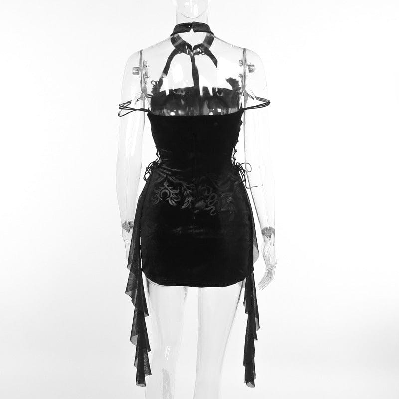 Kobine Women's Gothic Halterneck Lace-up Cutout Velvet Dress