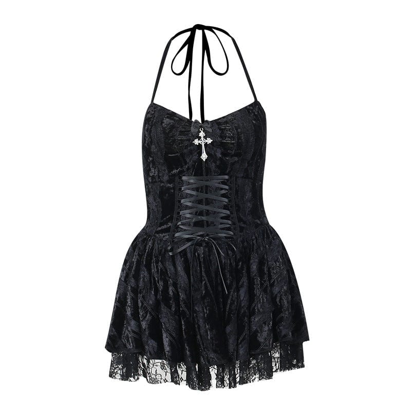 Kobine Women's Gothic Halterneck Lace-up Velvet Slip Dress