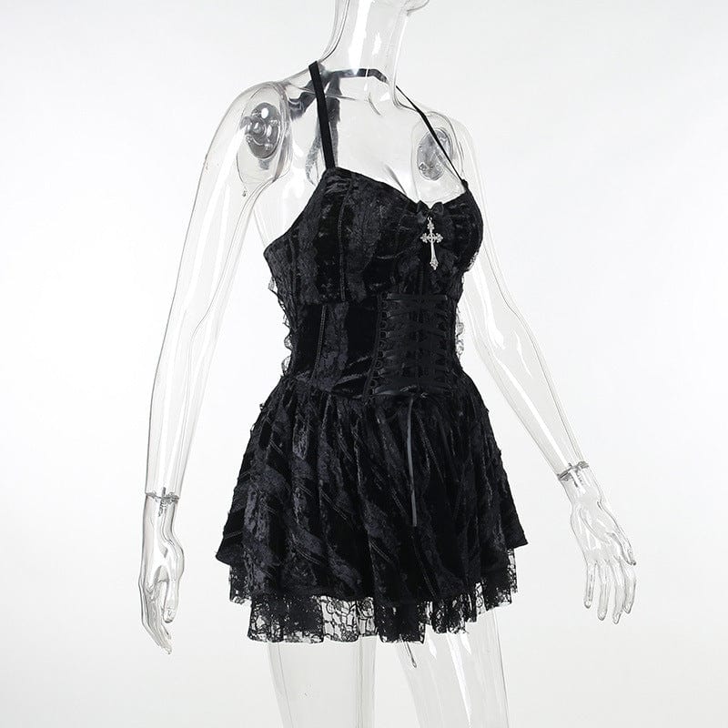 Kobine Women's Gothic Halterneck Lace-up Velvet Slip Dress