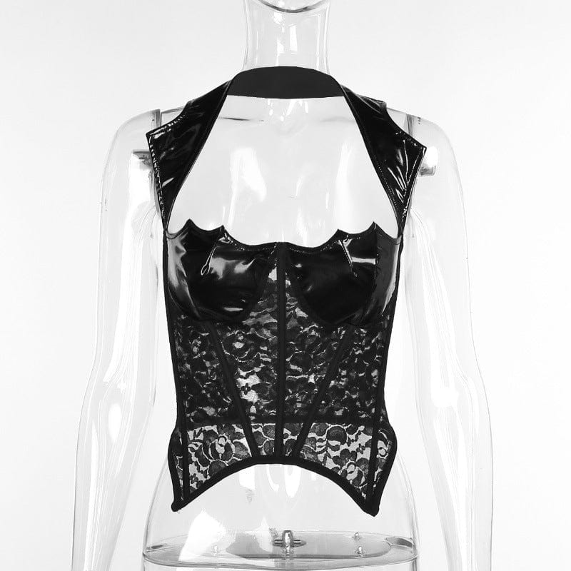 Kobine Women's Gothic Halterneck Sheer Faux Leather Vest
