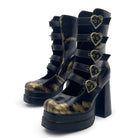 Kobine Women's Gothic Heart‑Shaped Buckle Multi‑Strap Cutout Platform Block Heel Boots