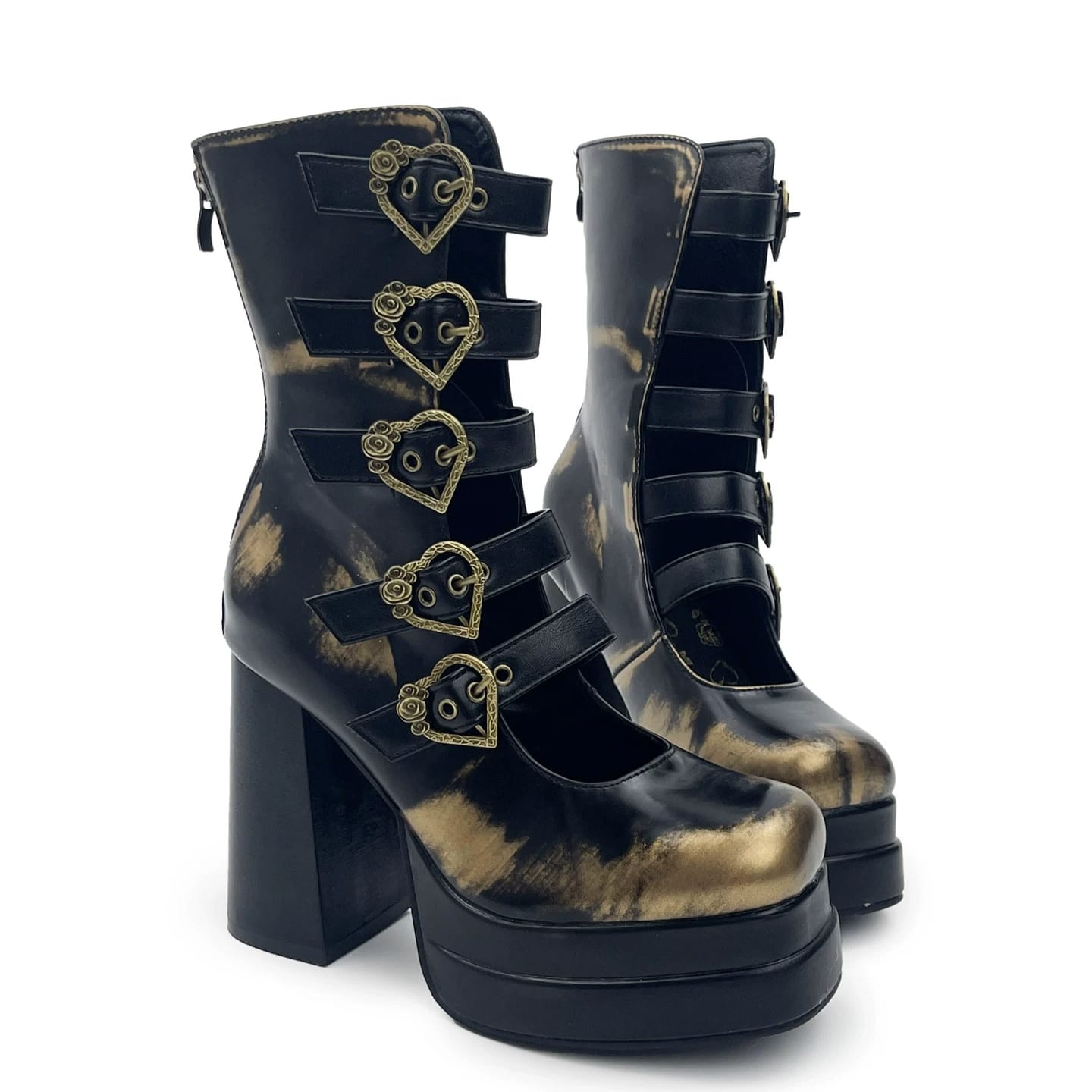 Kobine Women's Gothic Heart‑Shaped Buckle Multi‑Strap Cutout Platform Block Heel Boots