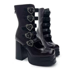 Kobine Women's Gothic Heart‑Shaped Buckle Multi‑Strap Cutout Platform Block Heel Boots