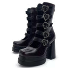 Kobine Women's Gothic Heart‑Shaped Buckle Multi‑Strap Cutout Platform Block Heel Boots