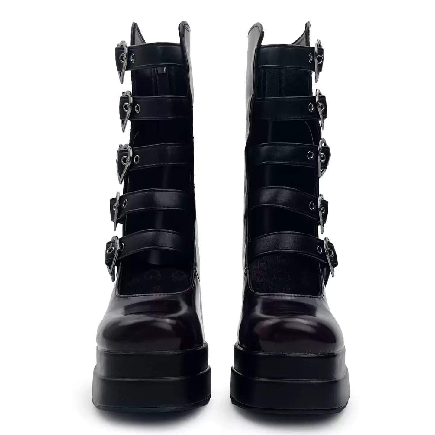 Kobine Women's Gothic Heart‑Shaped Buckle Multi‑Strap Cutout Platform Block Heel Boots