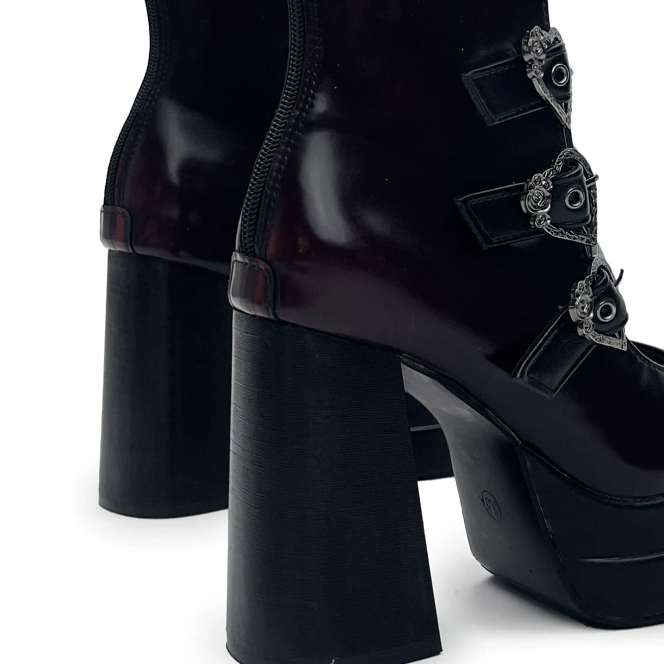 Kobine Women's Gothic Heart‑Shaped Buckle Multi‑Strap Cutout Platform Block Heel Boots