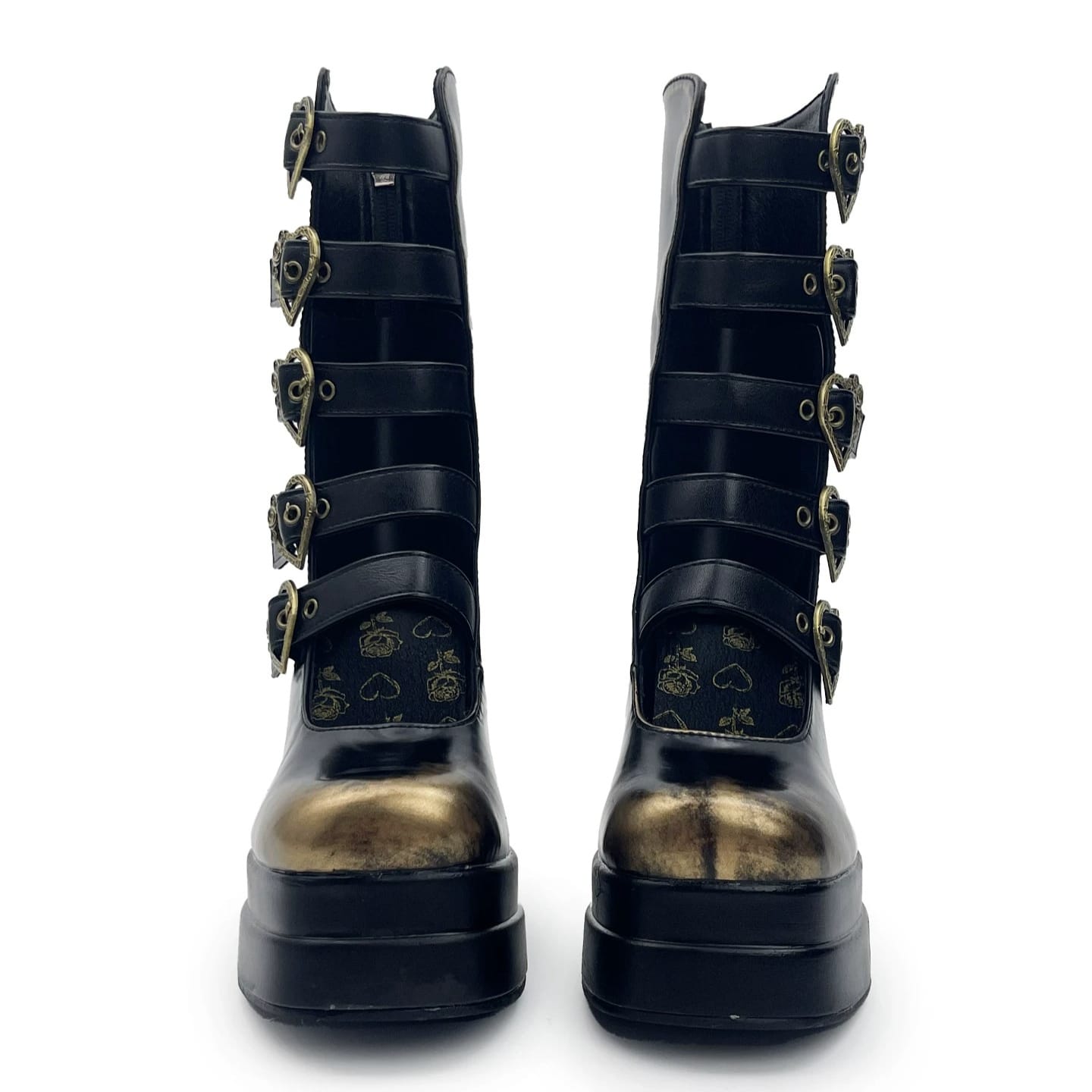 Kobine Women's Gothic Heart‑Shaped Buckle Multi‑Strap Cutout Platform Block Heel Boots