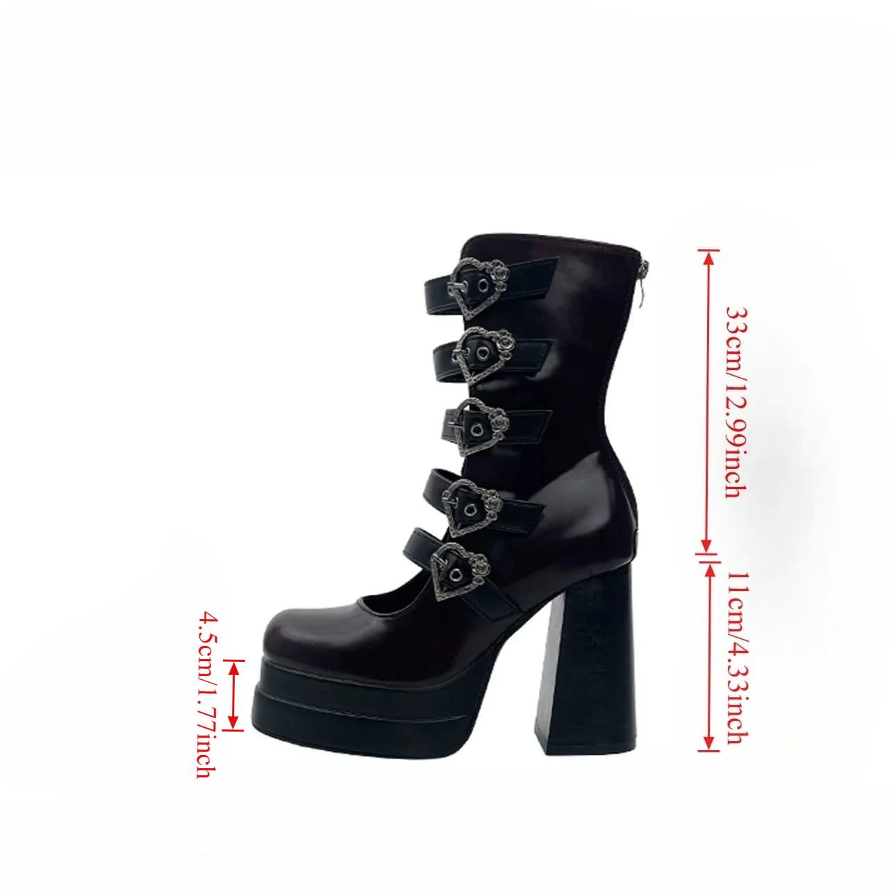 Kobine Women's Gothic Heart‑Shaped Buckle Multi‑Strap Cutout Platform Block Heel Boots