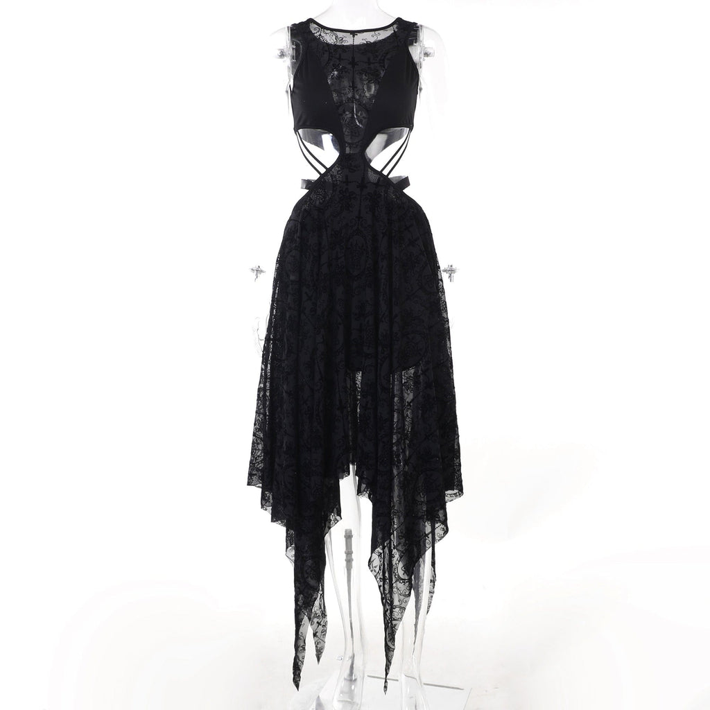 Kobine Women's Gothic Irregular Cutout Flocking Mesh Dress