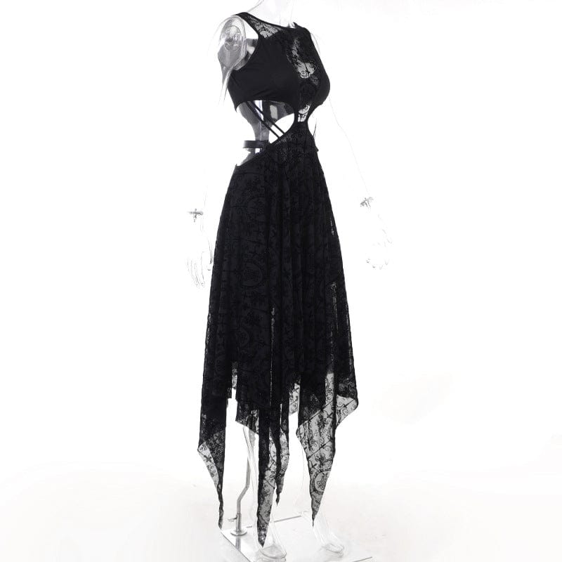 Kobine Women's Gothic Irregular Cutout Flocking Mesh Dress