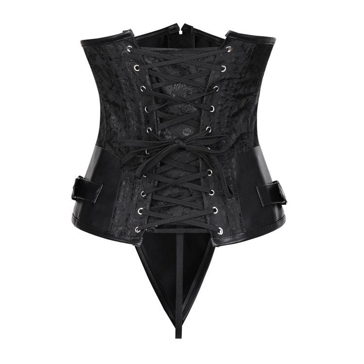 Kobine Women's Gothic Jacquard Splicing Faux Leather Chains Overbust Corsets With T-back