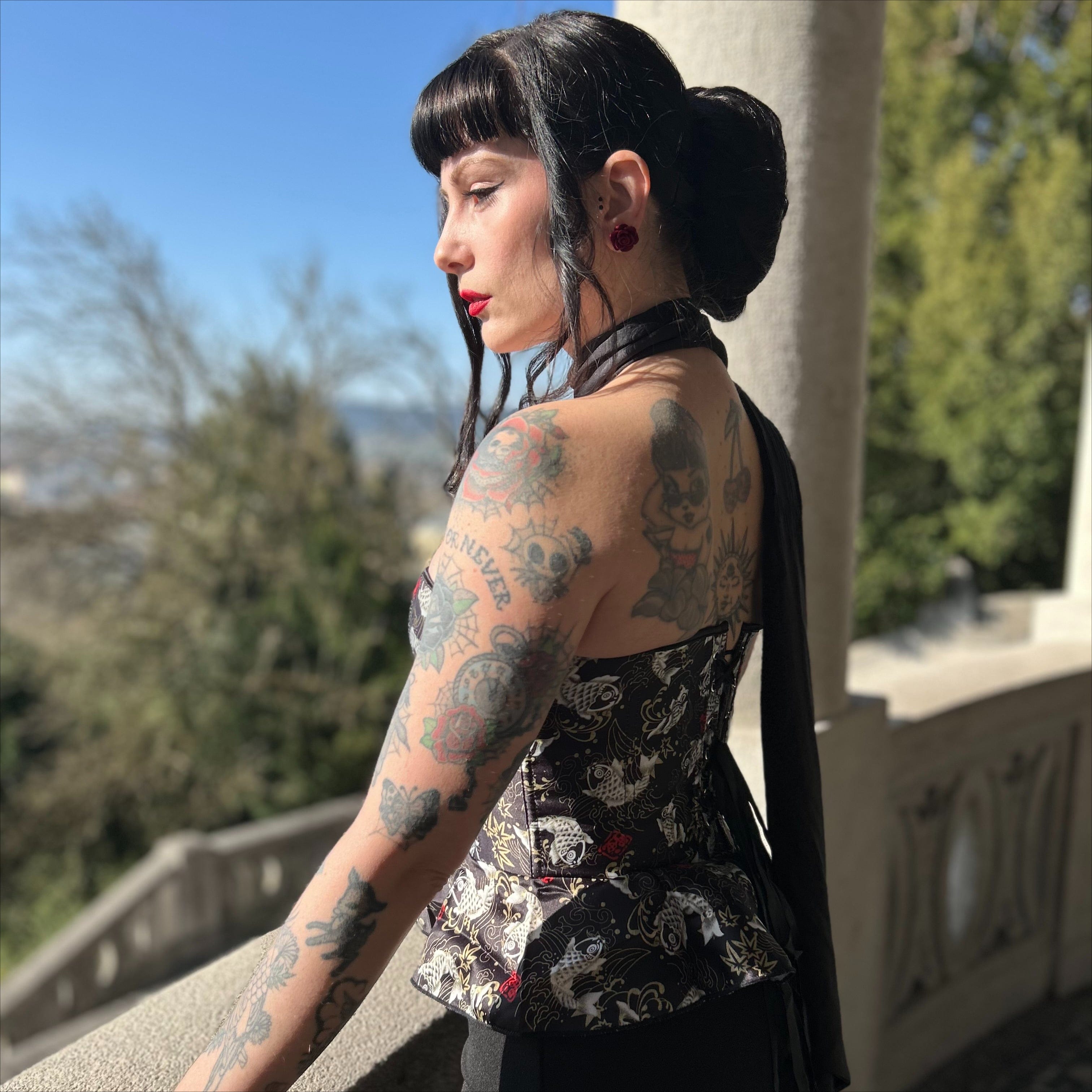 Kobine Women's Gothic Koi Fish Printed Ruffled Overbust Corset