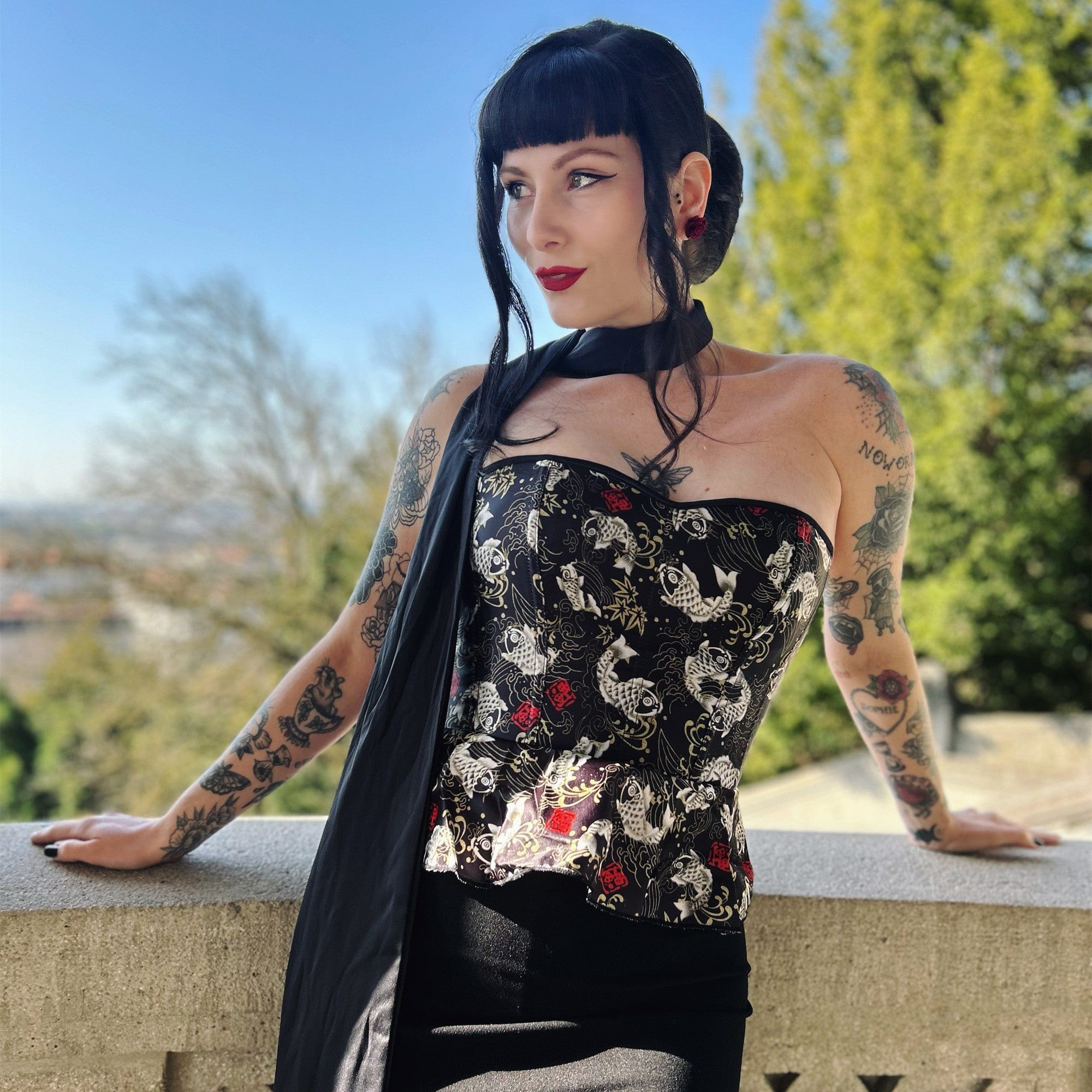 Kobine Women's Gothic Koi Fish Printed Ruffled Overbust Corset