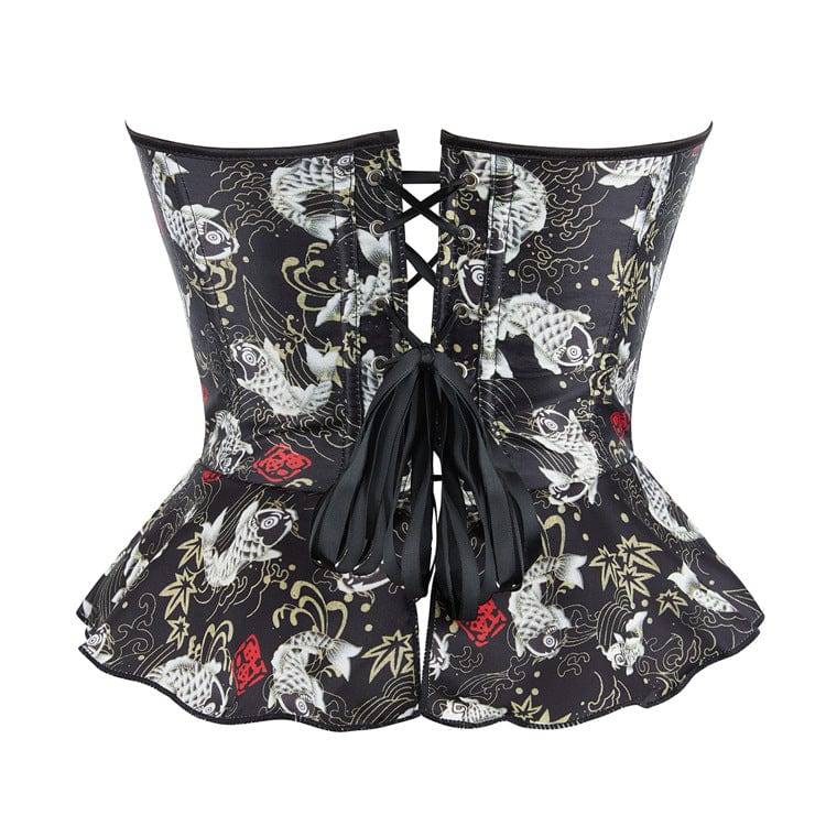 Kobine Women's Gothic Koi Fish Printed Ruffled Overbust Corset