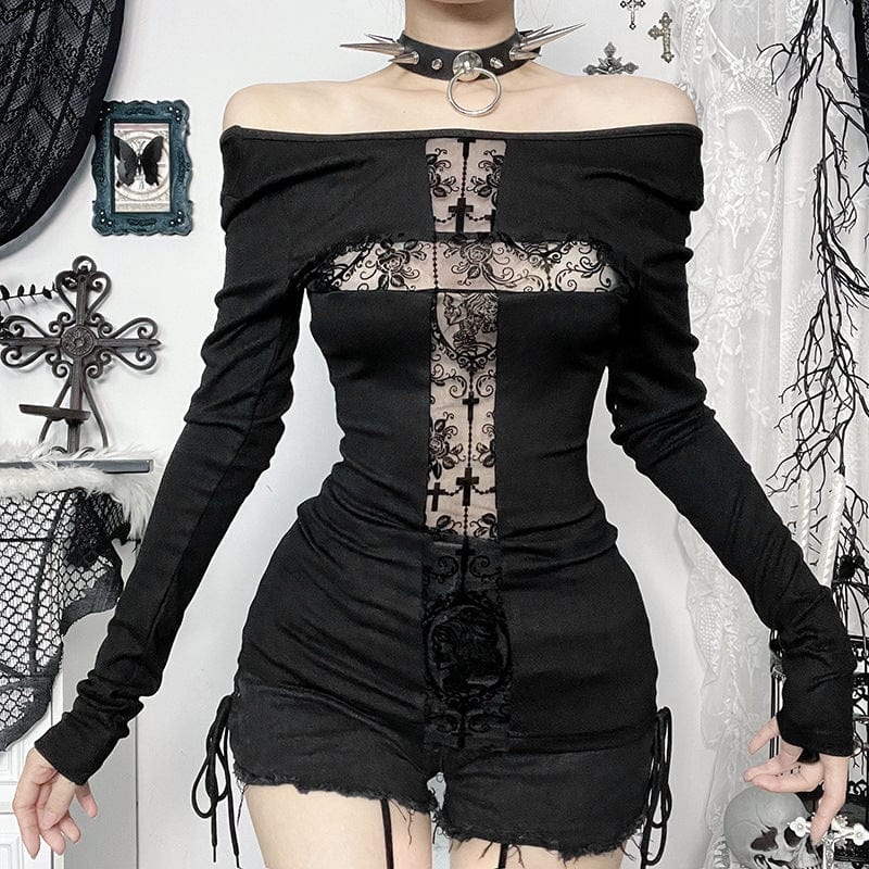 Kobine Women's Gothic Lace Cross Long Sleeved Shirt