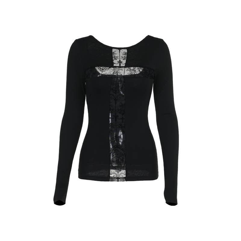 Kobine Women's Gothic Lace Cross Long Sleeved Shirt