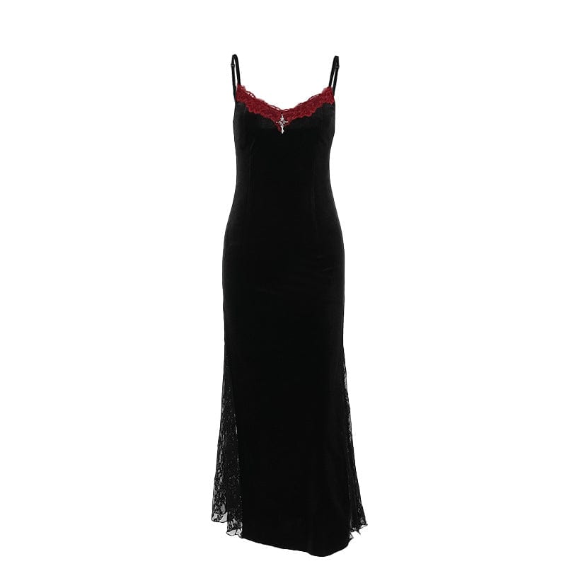 Kobine Women's Gothic Lace Cross Slip Dress Black Red