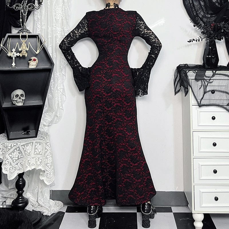 Kobine Women's Gothic Lace Long Sleeved Dress Black Red