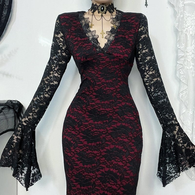 Kobine Women's Gothic Lace Long Sleeved Dress Black Red