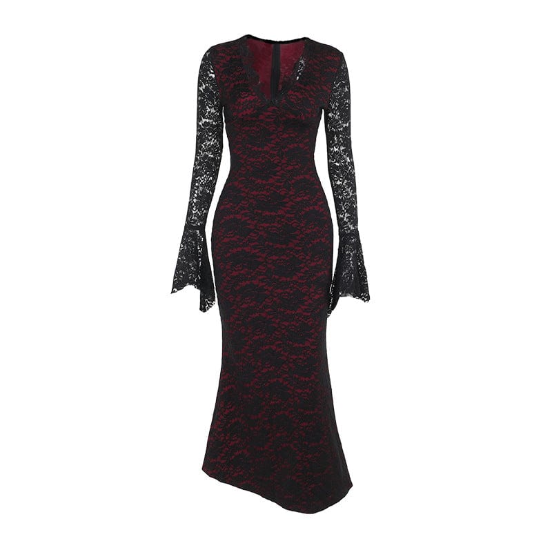 Kobine Women's Gothic Lace Long Sleeved Dress Black Red