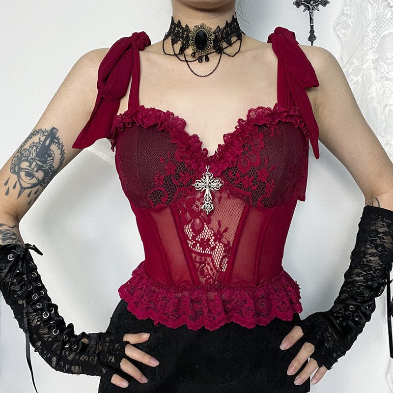 Kobine Women's Gothic Lace Sheer Ruffled Vest Red