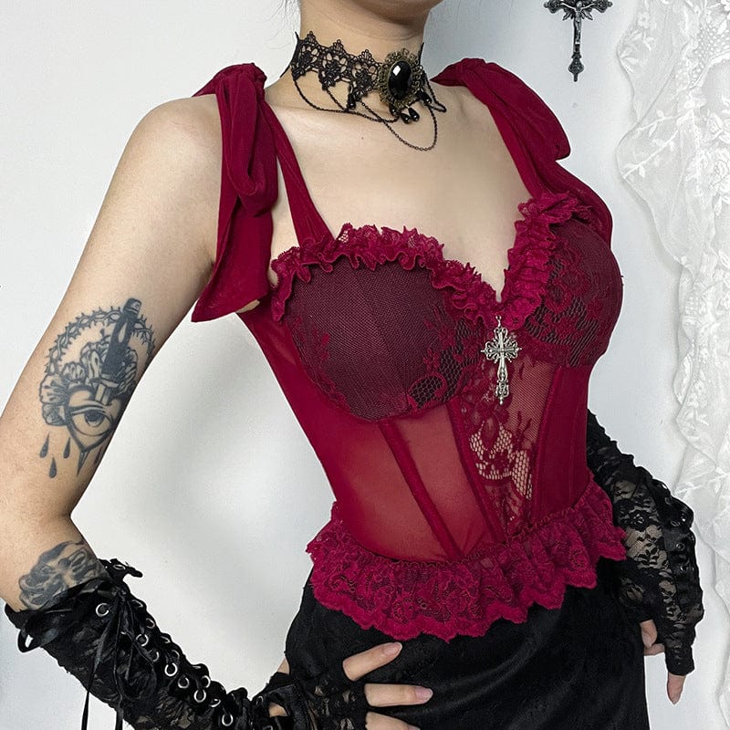 Kobine Women's Gothic Lace Sheer Ruffled Vest Red