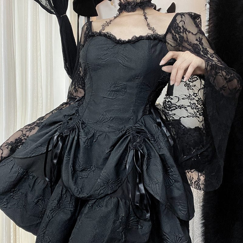 Kobine Women's Gothic Lace Sleeved Layered Halterneck Dress