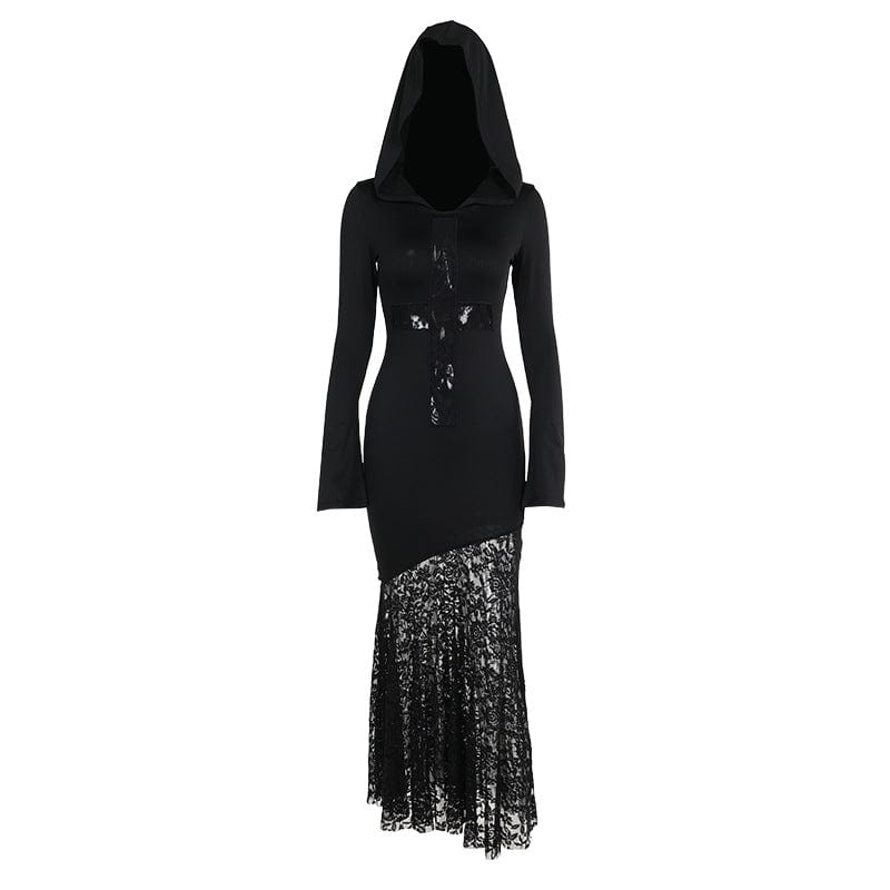 Kobine Women's Gothic Lace Splice Fishtailed Dress with Hood