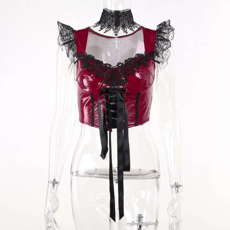 Kobine Women's Gothic Lace Splice Patent Leather Bustier with Lace Choker
