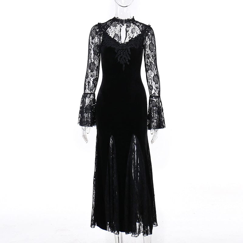 Kobine Women's Gothic Lace Splice Split Fishtail Dress