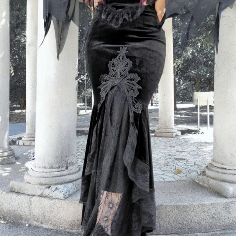 Kobine Women's Gothic Lace Splice Velvet Fishtail Skirt