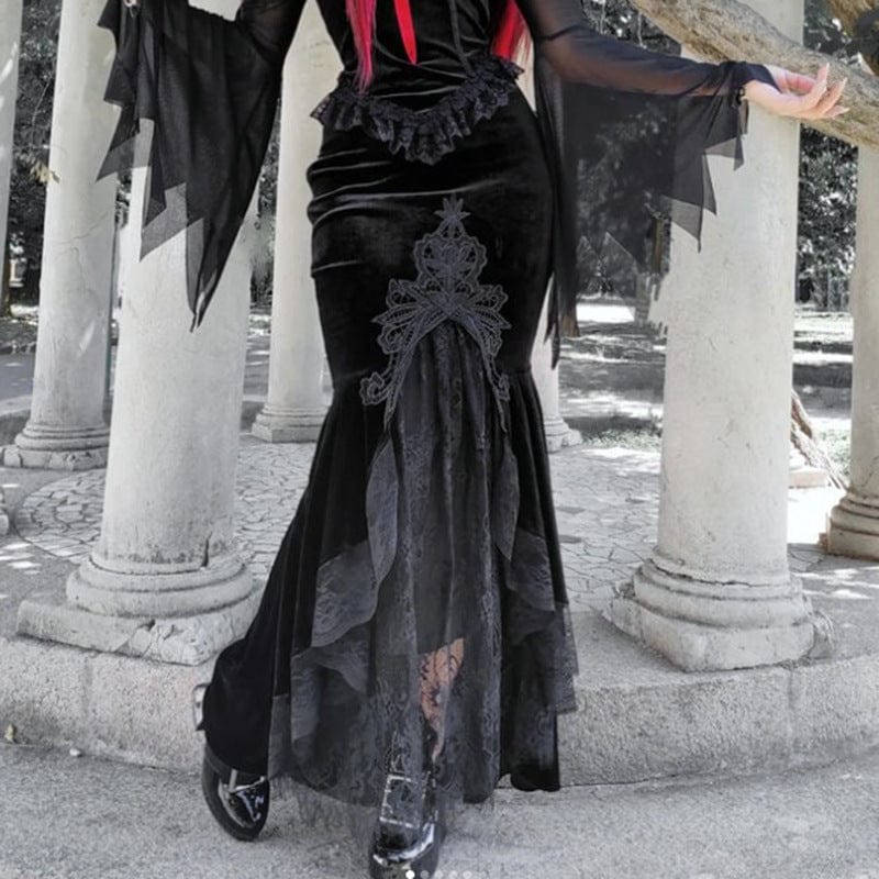 Kobine Women's Gothic Lace Splice Velvet Fishtail Skirt