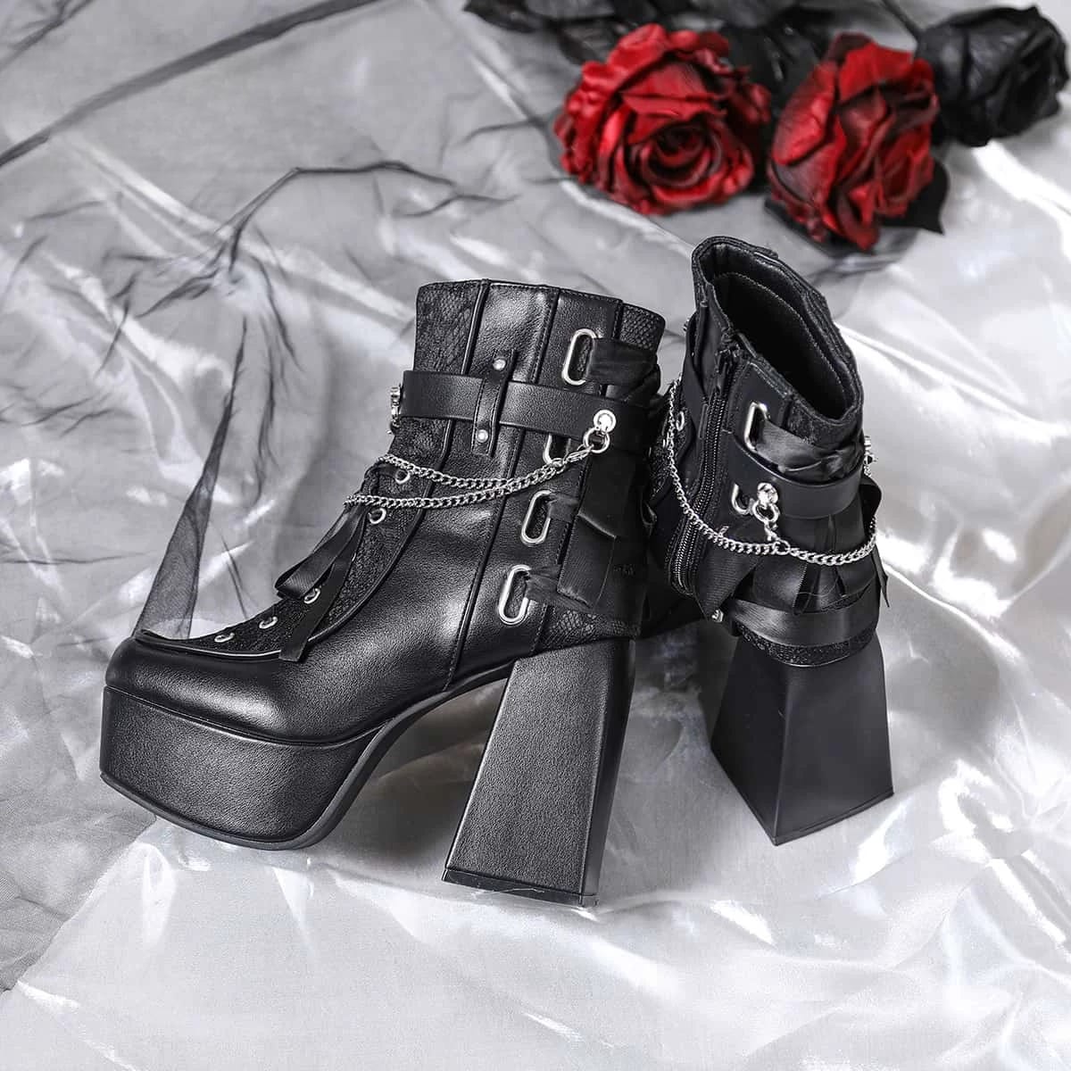 Kobine Women's Gothic Lace-up Chain Side Zipper Platform Ankle Boots