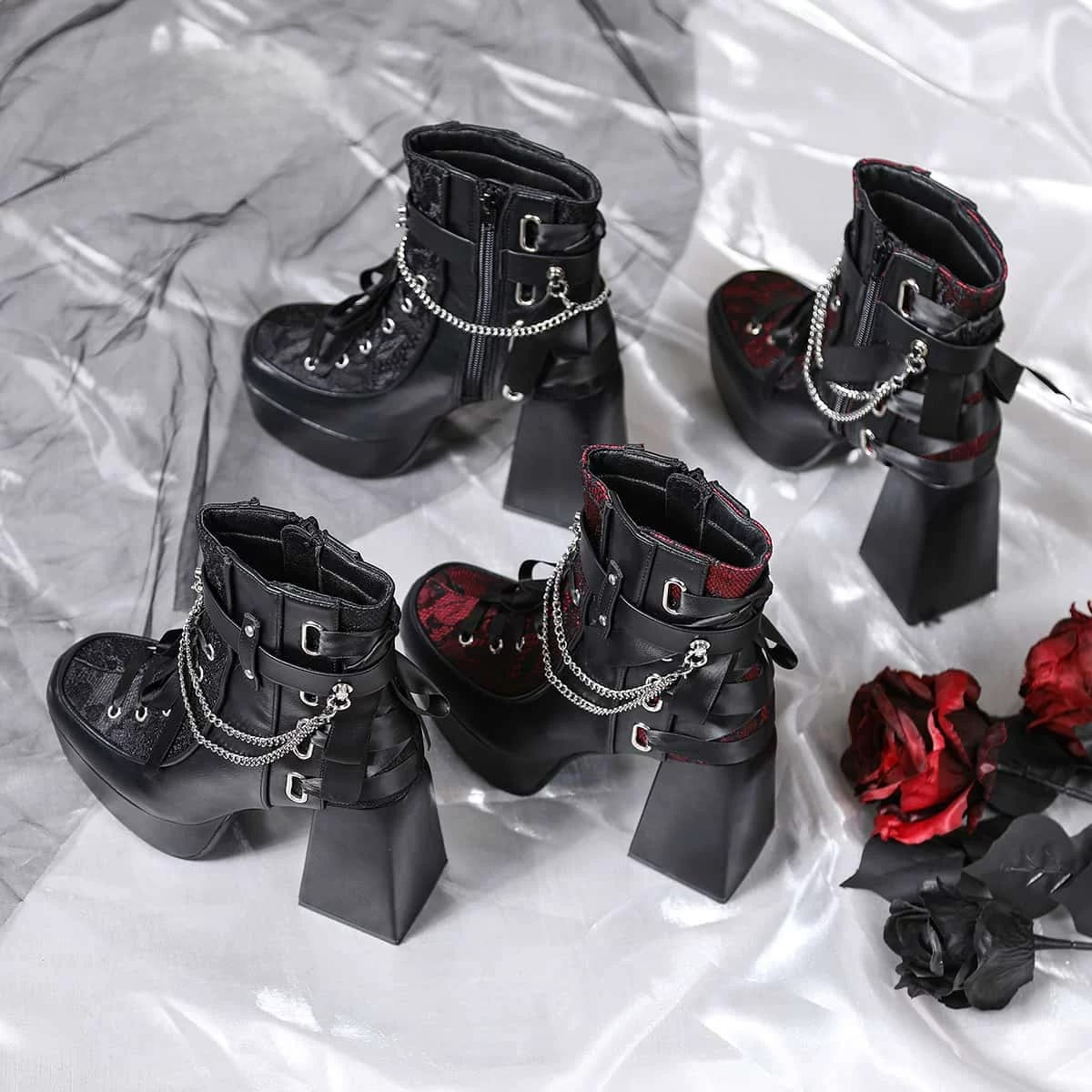 Kobine Women's Gothic Lace-up Chain Side Zipper Platform Ankle Boots