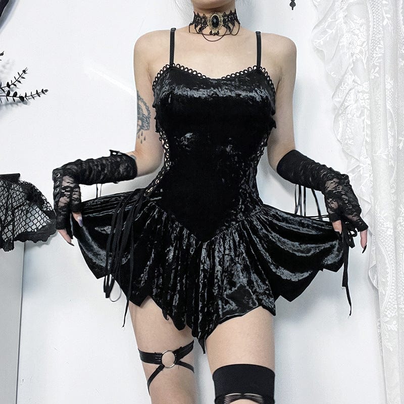 Kobine Women's Gothic Lace-Up Cutout Ruffled Velvet Short Slip Dress
