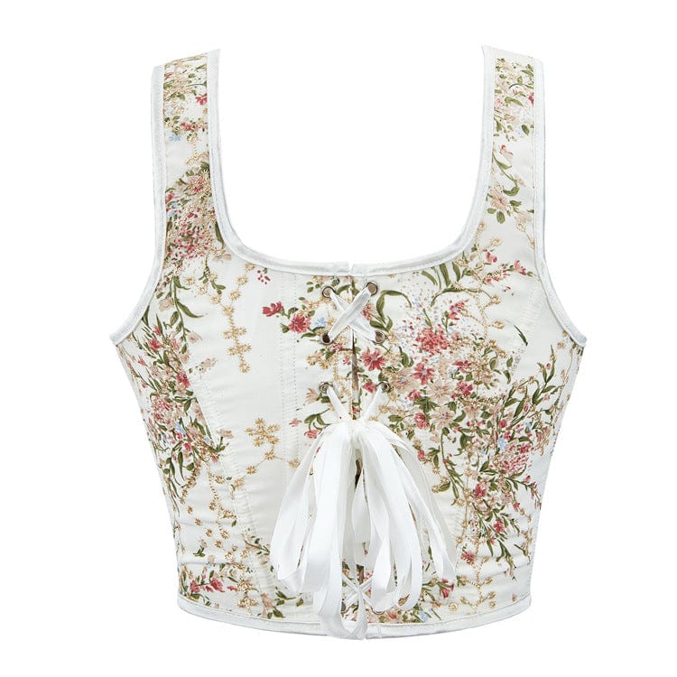 Kobine Women's Gothic Lace-up Floral Overbust Corsets White