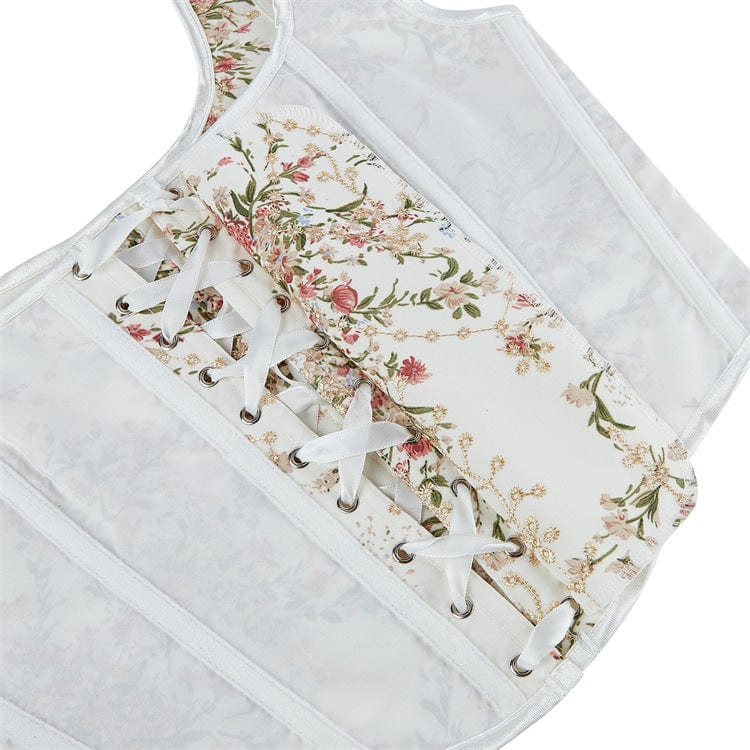 Kobine Women's Gothic Lace-up Floral Overbust Corsets White