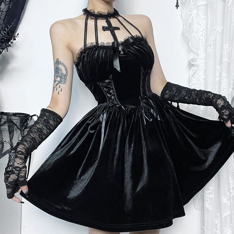 Kobine Women's Gothic Lace-up Halterneck Velvet Dress