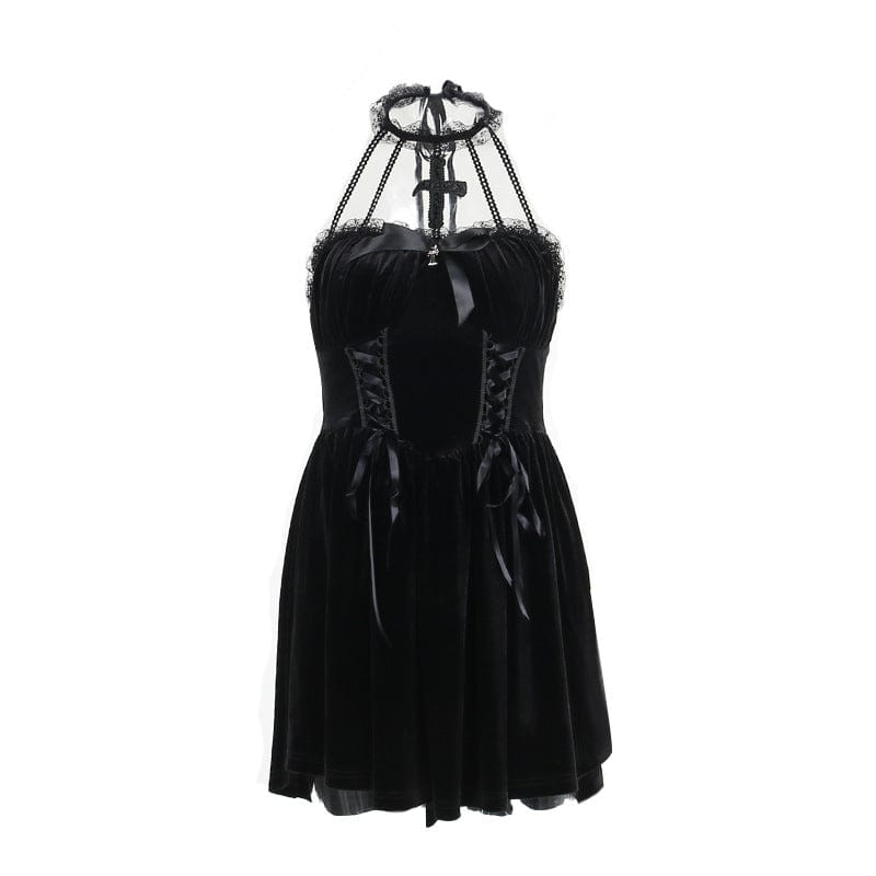 Kobine Women's Gothic Lace-up Halterneck Velvet Dress