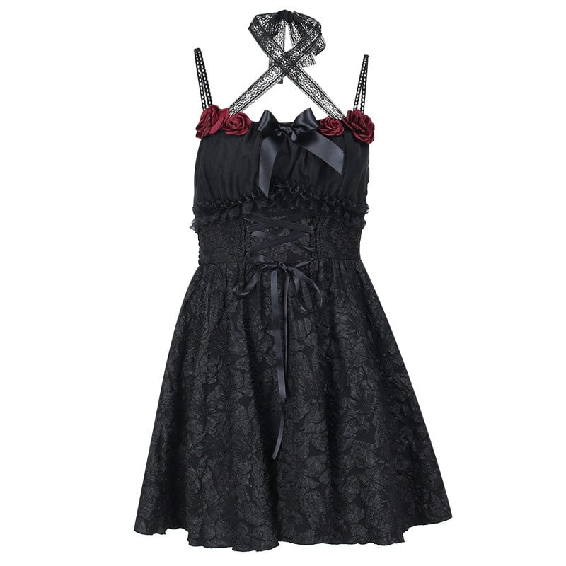 Kobine Women's Gothic Lace-up Jacquard Splice Short Dress