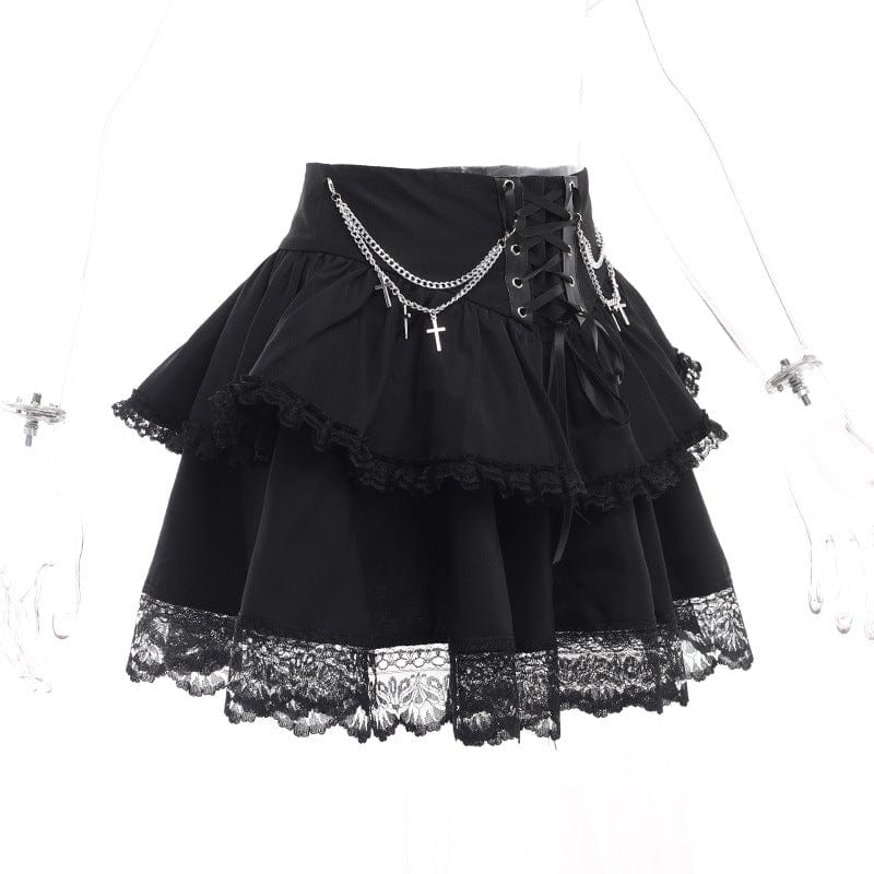Kobine Women's Gothic Lace-up Lace Hem Skirt with Chain