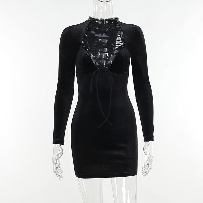 Kobine Women's Gothic Lace-up Long Sleeved Velvet Dress