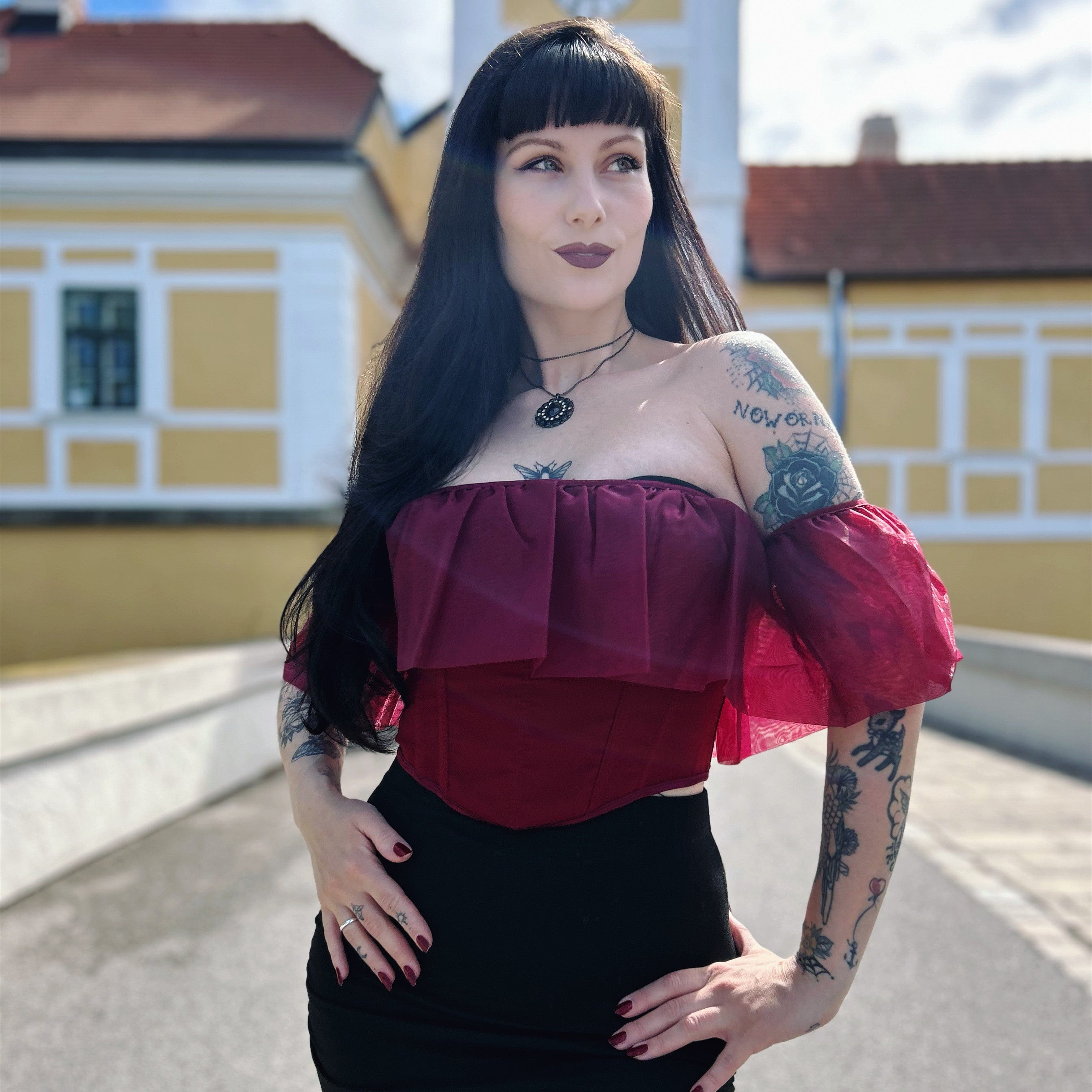 Kobine Women's Gothic Lace-up Mesh Overbust Busiter Red