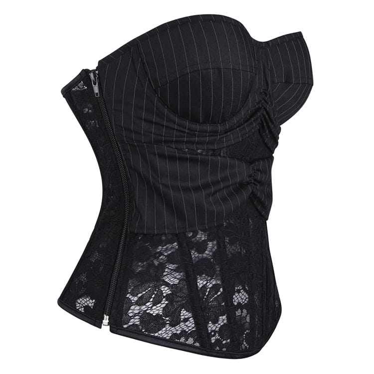 Kobine Women's Gothic Lace-up Pinstripe Floral Lace Overbust Corset