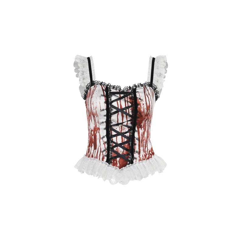 Kobine Women's Gothic Lace-up Ruffled Tank Top White Red