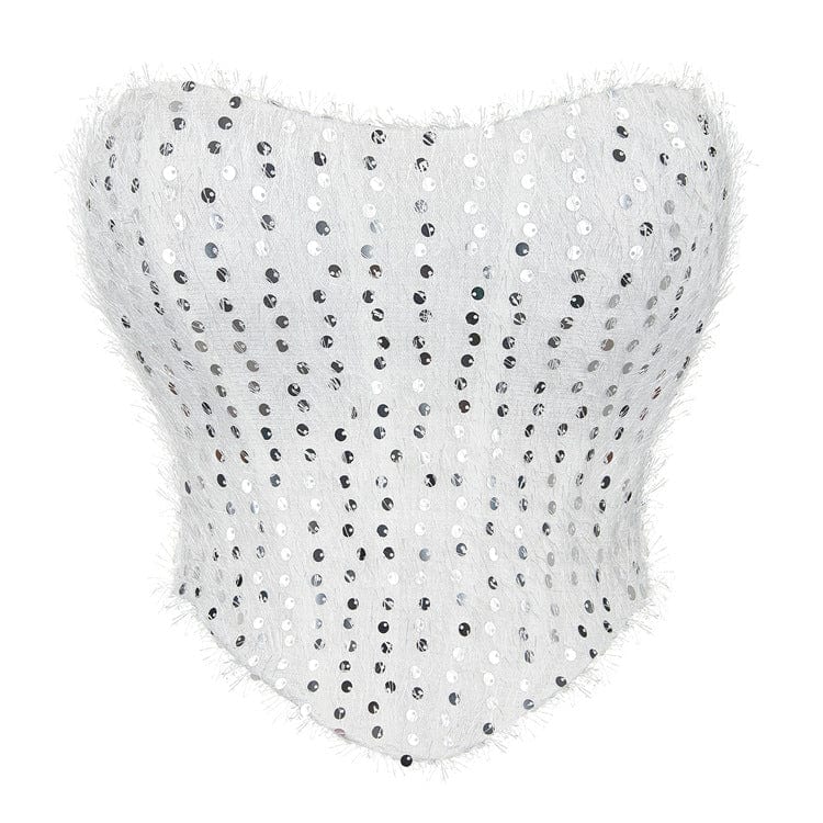 Kobine Women's Gothic Lace-up Sequins Overbust Corsets White