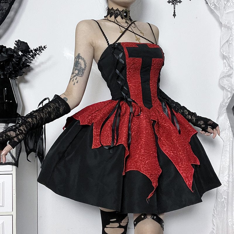 Kobine Women's Gothic Lace-up Splice Irregular Hem Short Dress