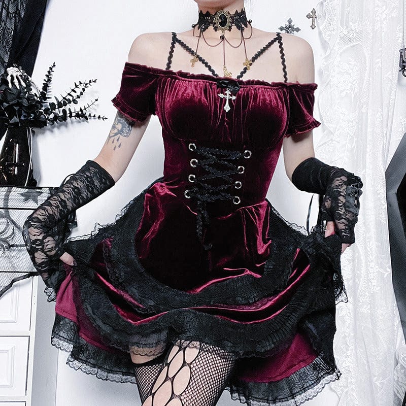 Kobine Women's Gothic Lace-up Splice Velvet Dress