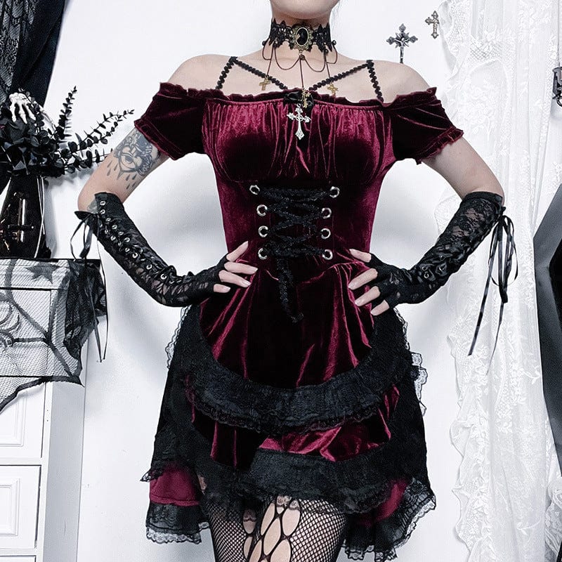 Kobine Women's Gothic Lace-up Splice Velvet Dress